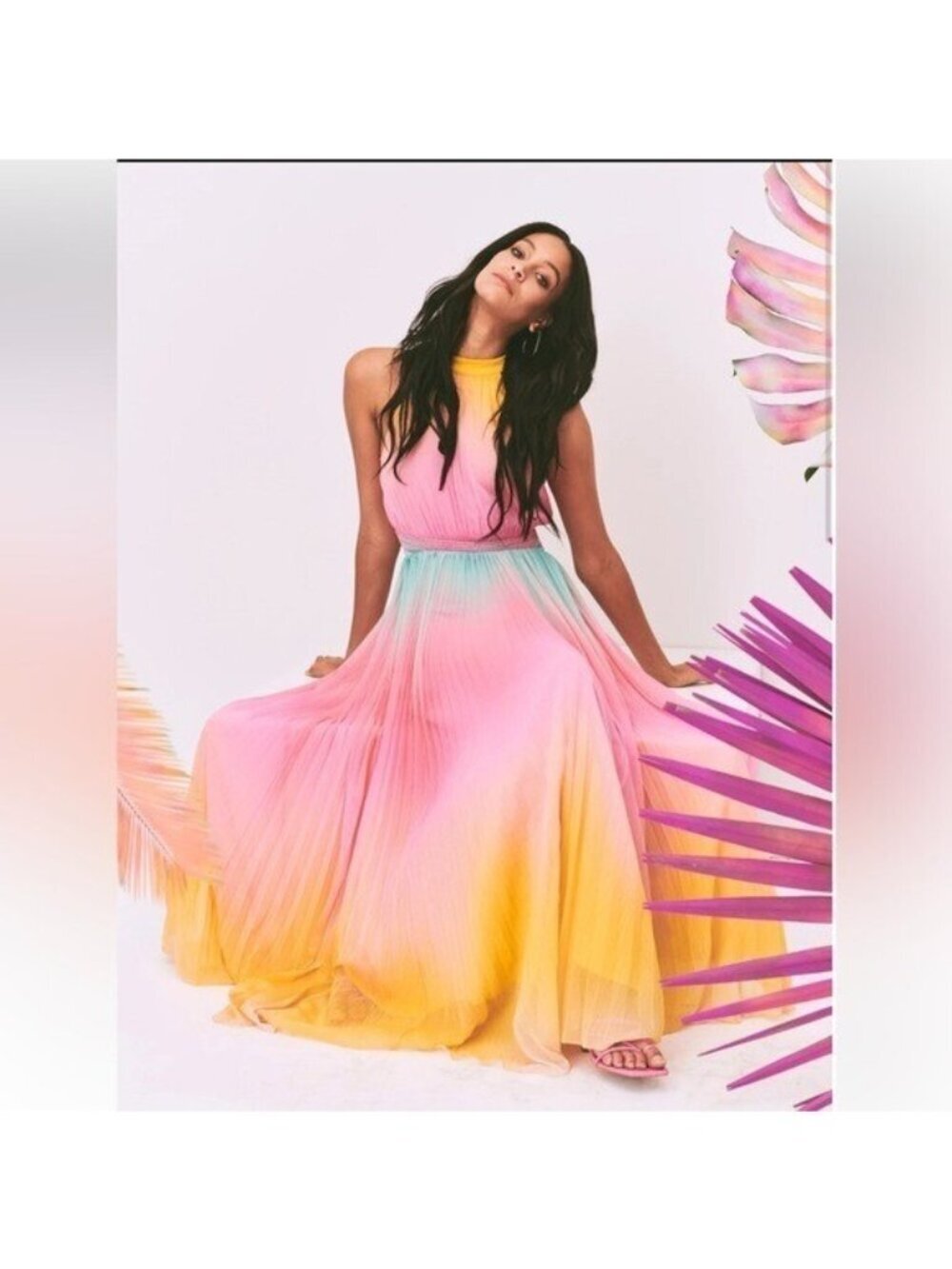 Rococo Sand Zale Halter Maxi Dress Sz M Pink Rainbow Ombre Boho Coastal Vacay